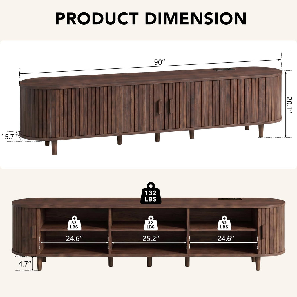 65" Mid Century Modern TV Stand with Power Outlet, Fluted Entertainment Center with Storage and Adjustable Shelves, Wood TV Console with Sliding Doors for Living Room, Walnut