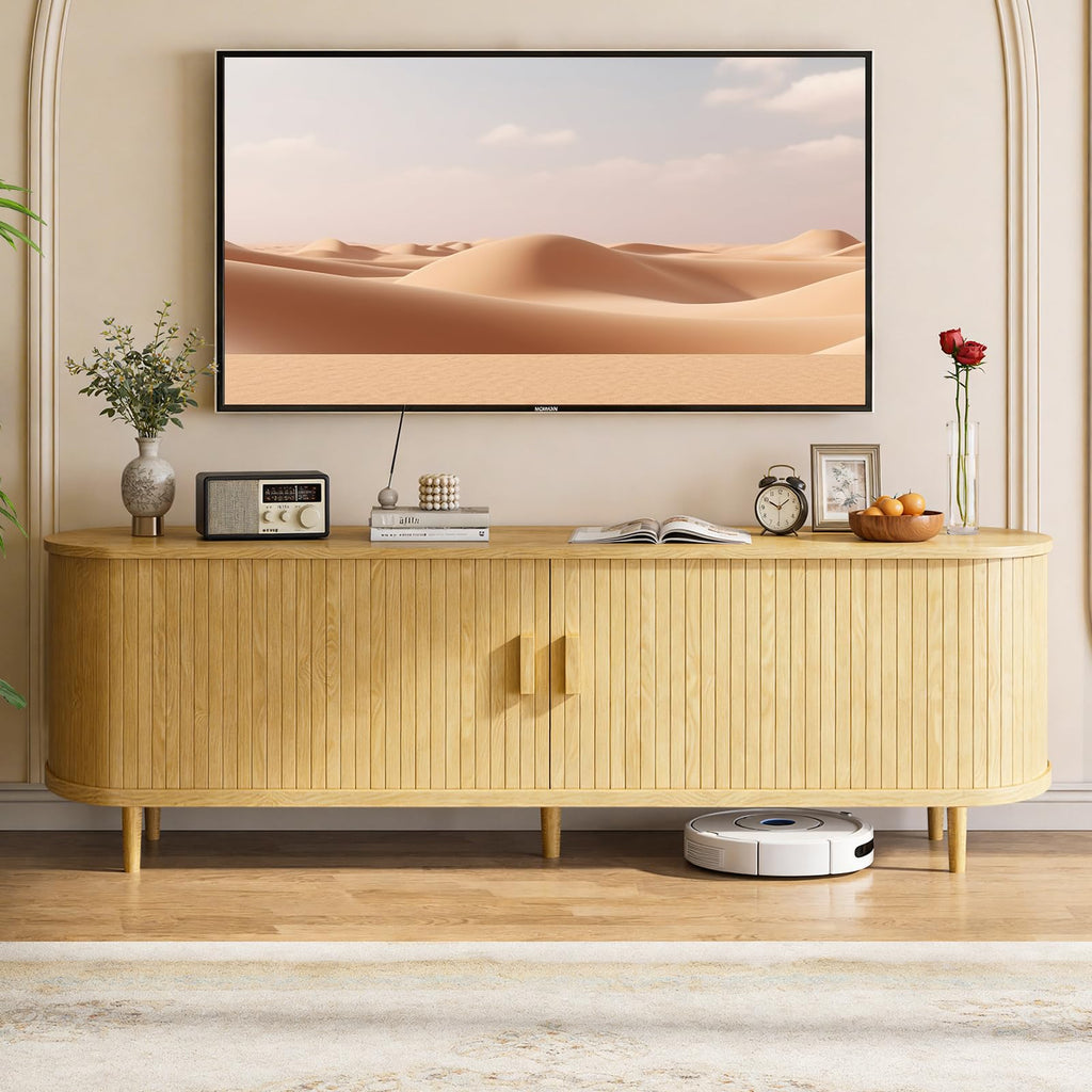 65" Mid Century Modern TV Stand with Power Outlet, Fluted Entertainment Center with Storage and Adjustable Shelves, Wood TV Console with Sliding Doors for Living Room, Walnut