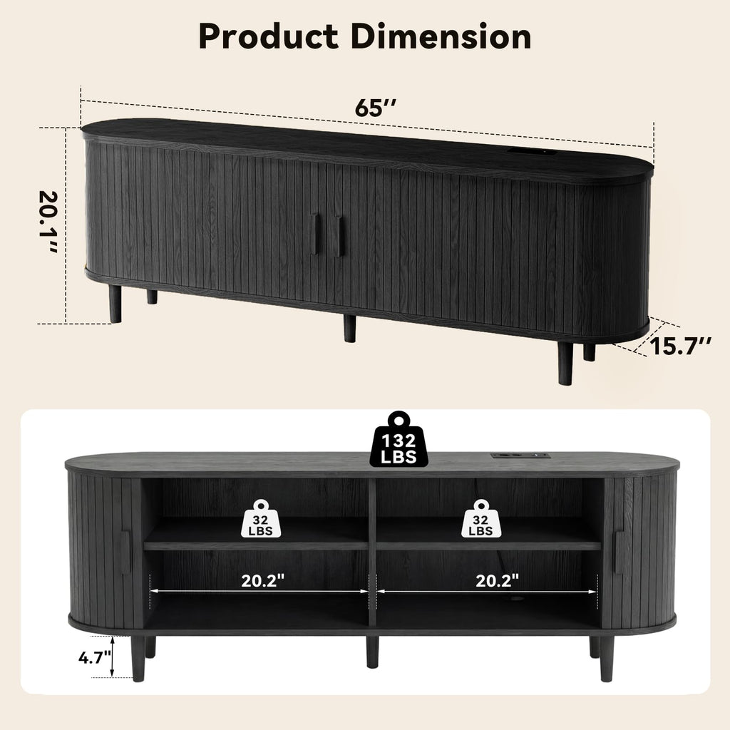 65" Mid Century Modern TV Stand with Power Outlet, Fluted Entertainment Center with Storage and Adjustable Shelves, Wood TV Console with Sliding Doors for Living Room, Walnut