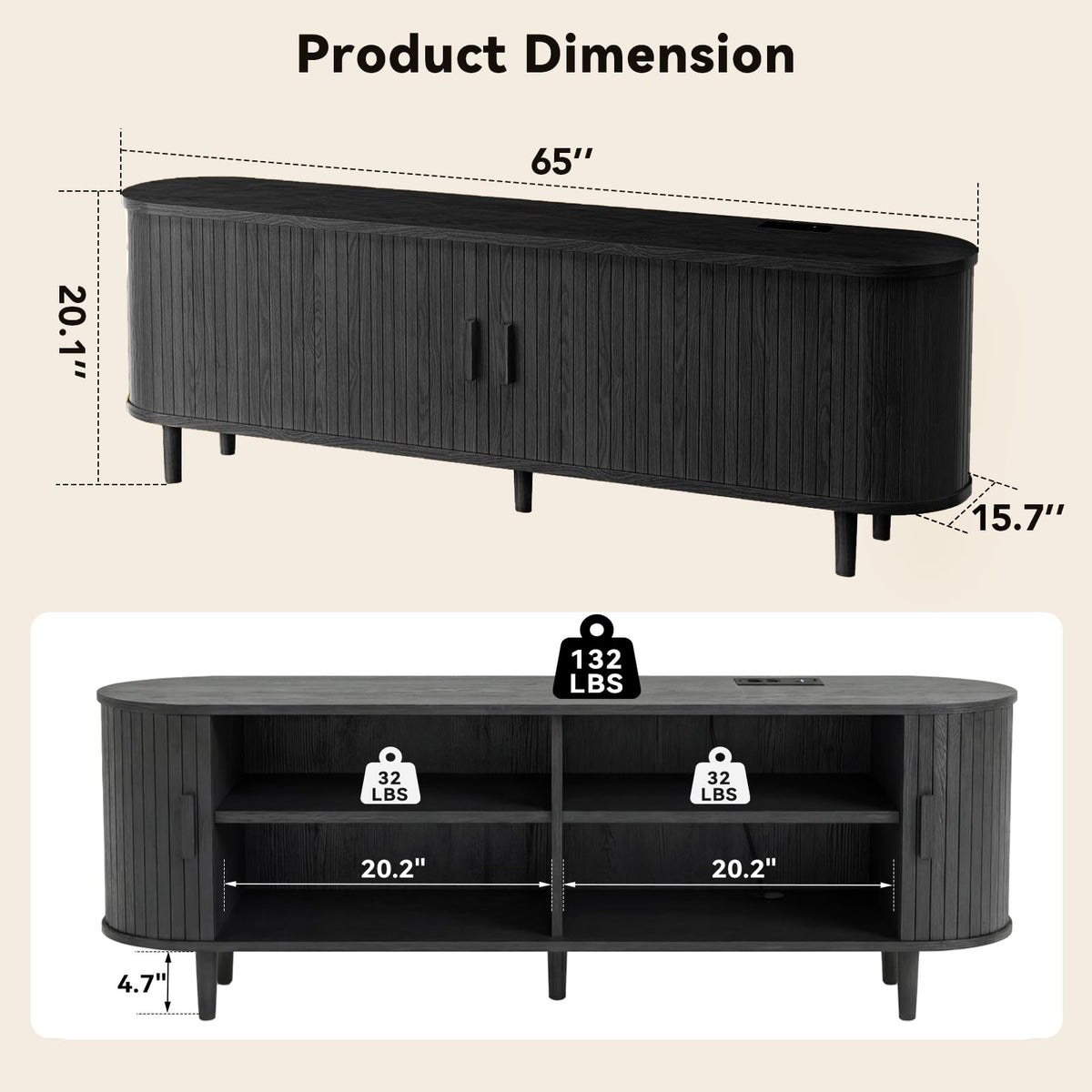 65" Mid Century Modern TV Stand with Power Outlet, Fluted Entertainment Center with Storage and Adjustable Shelves, Wood TV Console with Sliding Doors for Living Room, Walnut