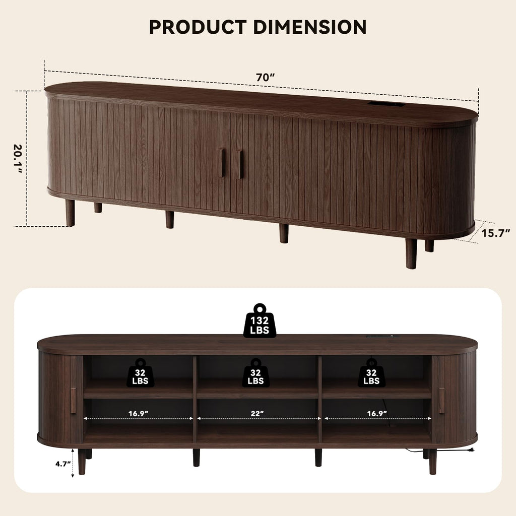 65" Mid Century Modern TV Stand with Power Outlet, Fluted Entertainment Center with Storage and Adjustable Shelves, Wood TV Console with Sliding Doors for Living Room, Walnut