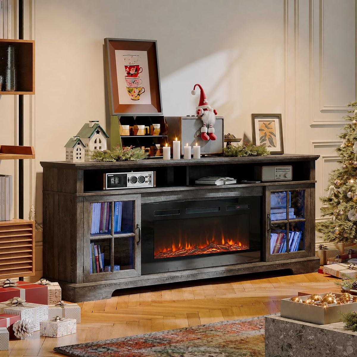 70" Farmhouse Fireplace TV Stand for TVs up to 80", Entertainment Center with 36" Electric Fireplace, LED Lights and Glass-Door Storage Cabinets, Brown
