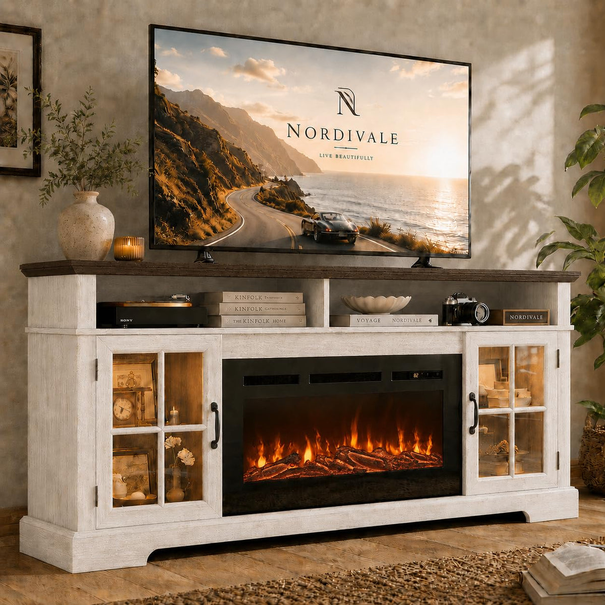 70" Farmhouse Fireplace TV Stand for TVs up to 80", Entertainment Center with 36" Electric Fireplace, LED Lights and Glass-Door Storage Cabinets, Brown