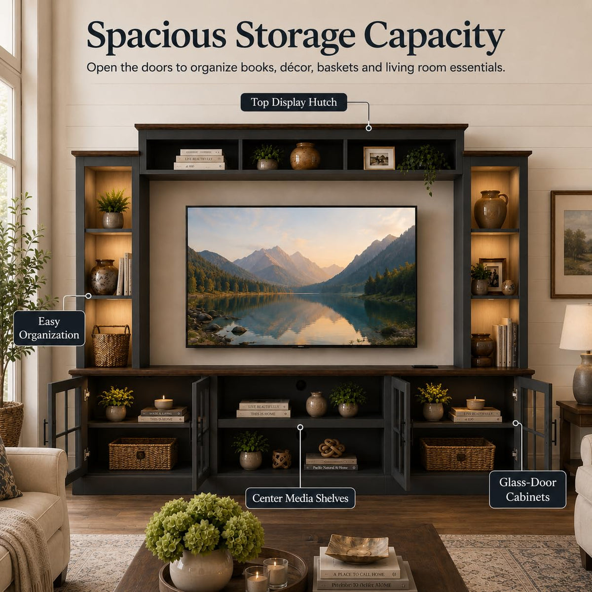 White Farmhouse TV Stand, Entertainment Center, 98" Wall Unit Media Console with Bookshelf, Cabinet & Power Outlets & Barn Doors, Fits TVs Up to 75â for Living Room