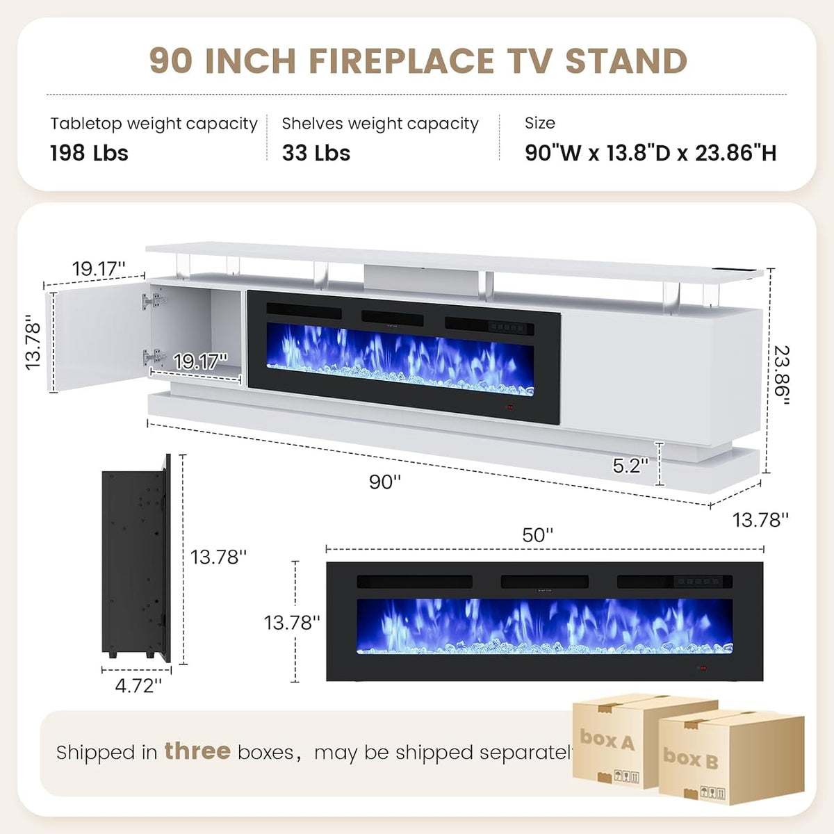 70" Fireplace TV Stand, Modern Entertainment Center