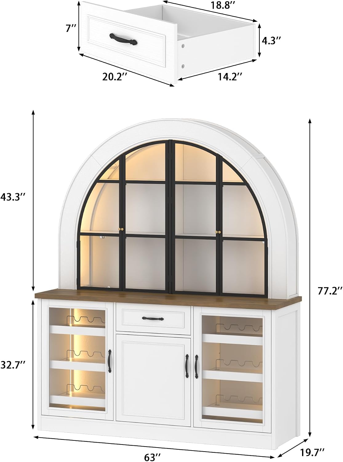 77" H Arched Wine Bar Cabinet with LED Light, Liquor Cabinet with Wine Racks & Countertop, Kitchen Pantry Cupboard with Glass Doors & Adjustable Shelf for Living Dining Room, White & Brown