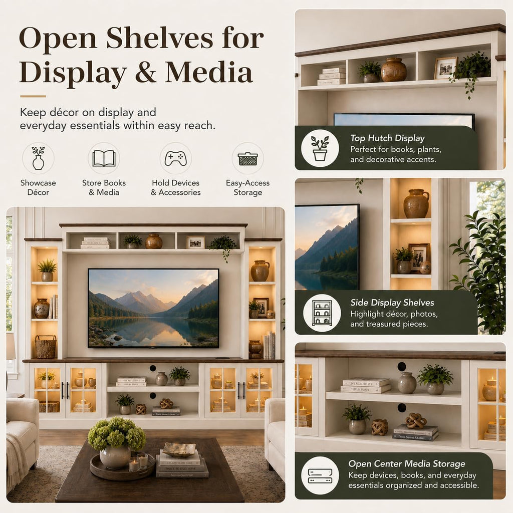 White Farmhouse TV Stand, Entertainment Center, 98" Wall Unit Media Console with Bookshelf, Cabinet & Power Outlets & Barn Doors, Fits TVs Up to 75â for Living Room