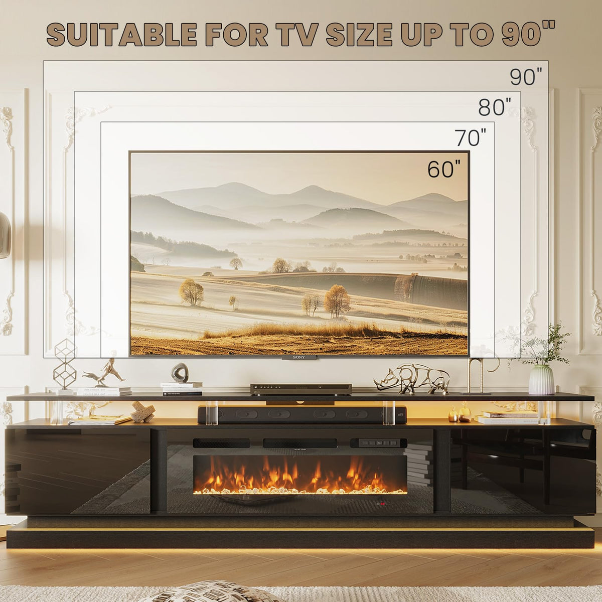 70" Fireplace TV Stand, Modern Entertainment Center