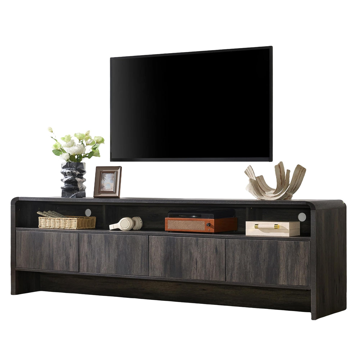 AMERLIFE 70" Modern Curved TV Stand with Storage for TVs Up to 80"