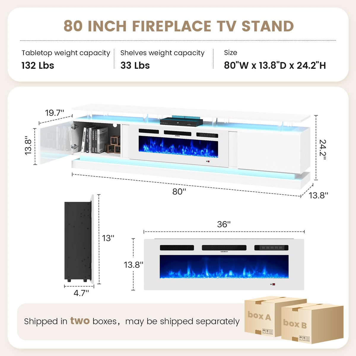 70" Fireplace TV Stand, Modern Entertainment Center