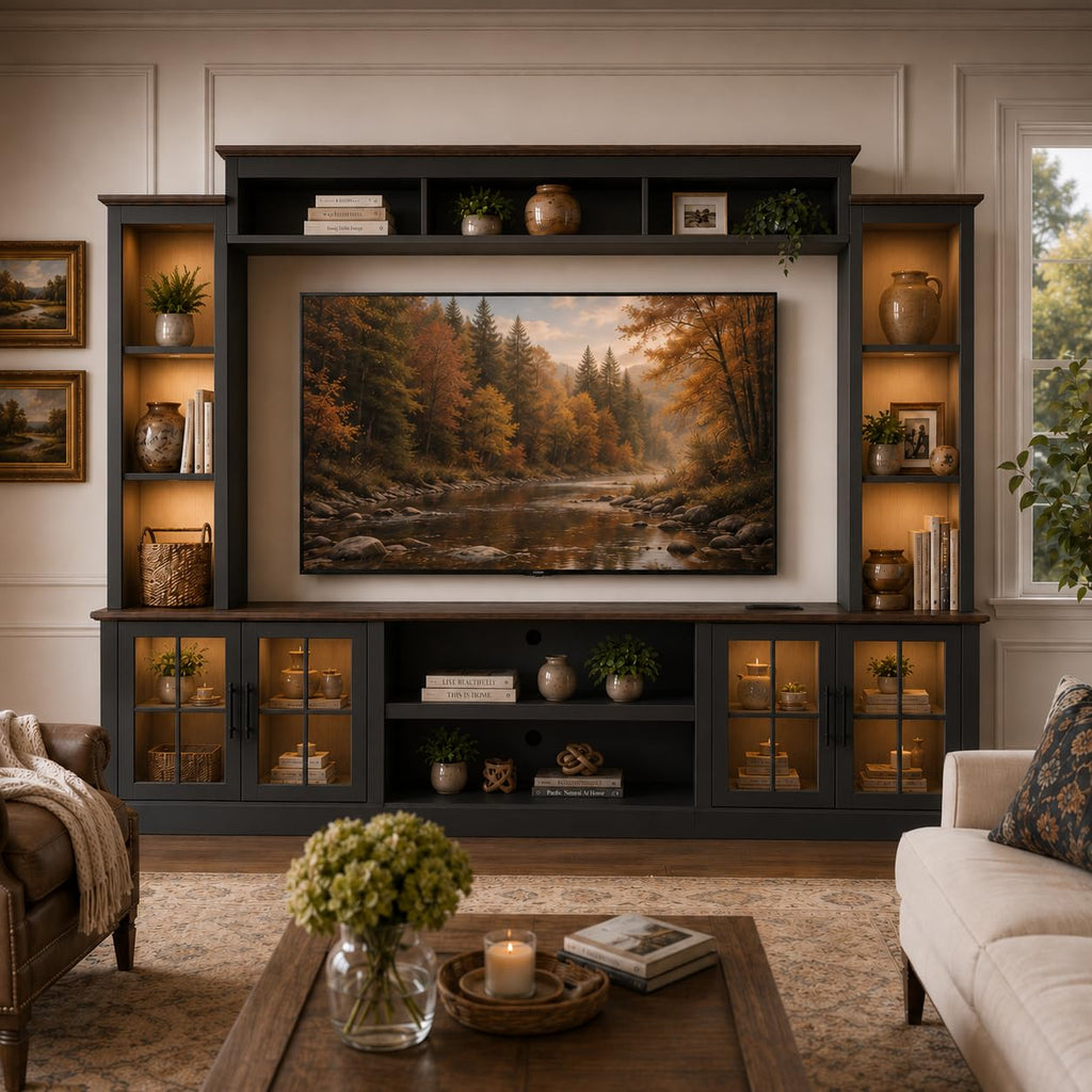 White Farmhouse TV Stand, Entertainment Center, 98" Wall Unit Media Console with Bookshelf, Cabinet & Power Outlets & Barn Doors, Fits TVs Up to 75â for Living Room