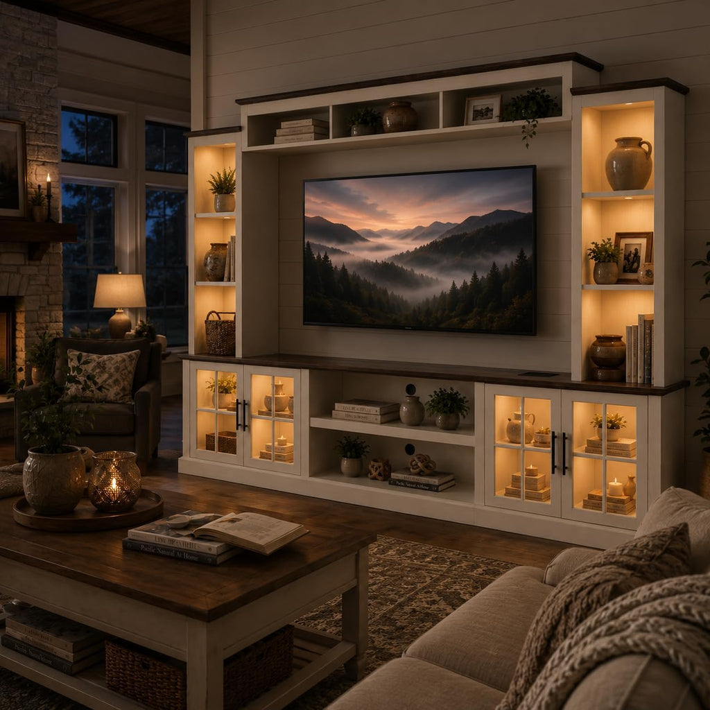 White Farmhouse TV Stand, Entertainment Center, 98" Wall Unit Media Console with Bookshelf, Cabinet & Power Outlets & Barn Doors, Fits TVs Up to 75â for Living Room