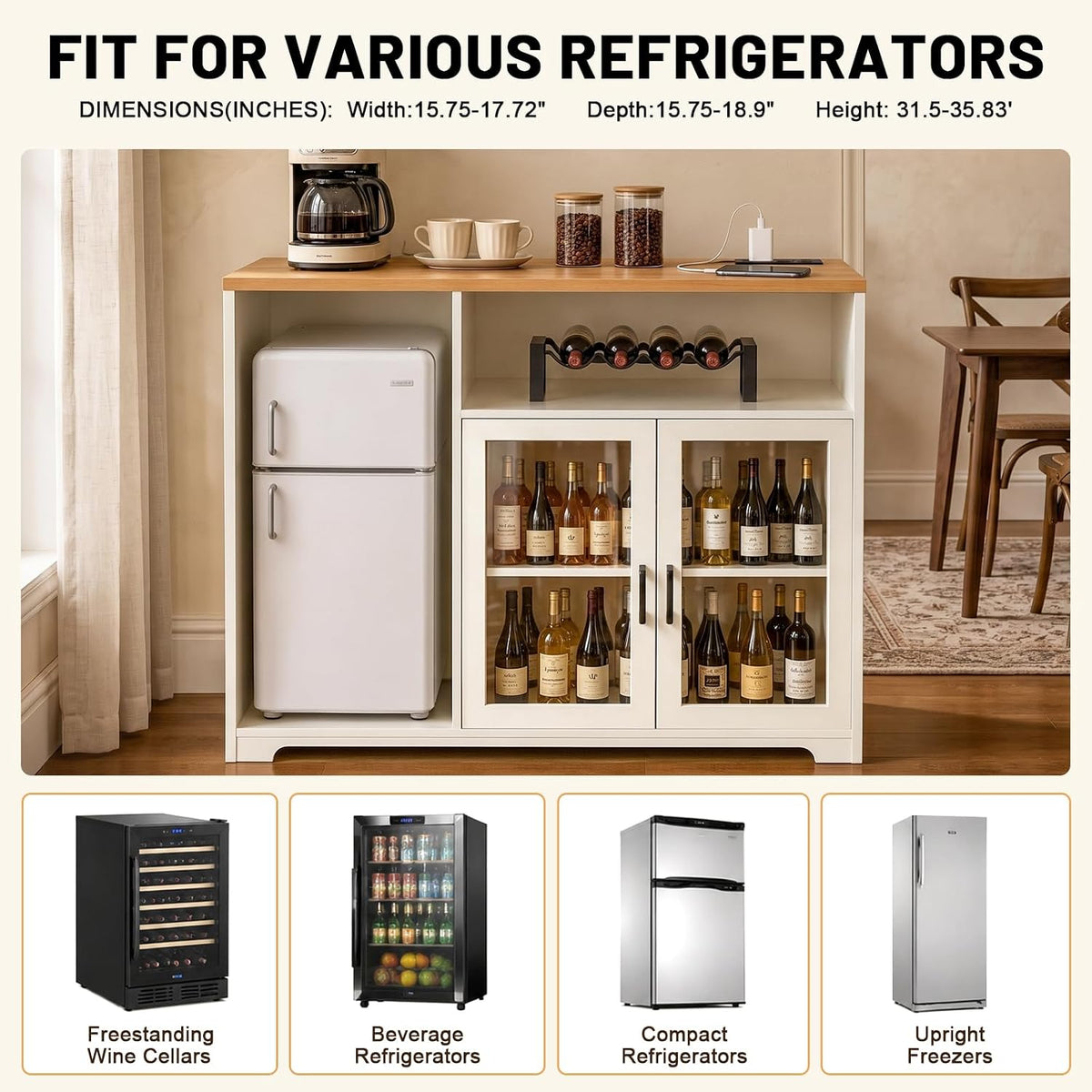54â Coffee Bar Cabinet with Fridge Space, Smart LED Light, White