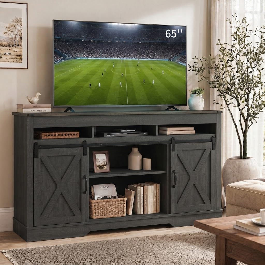 58" Farmhouse TV Stand with Sliding Barn Doors for TVs up to 65 Inch, Entertainment Center with Adjustable Shelves, Wood Media Console Storage Cabinet for Living Room Bedroom, White