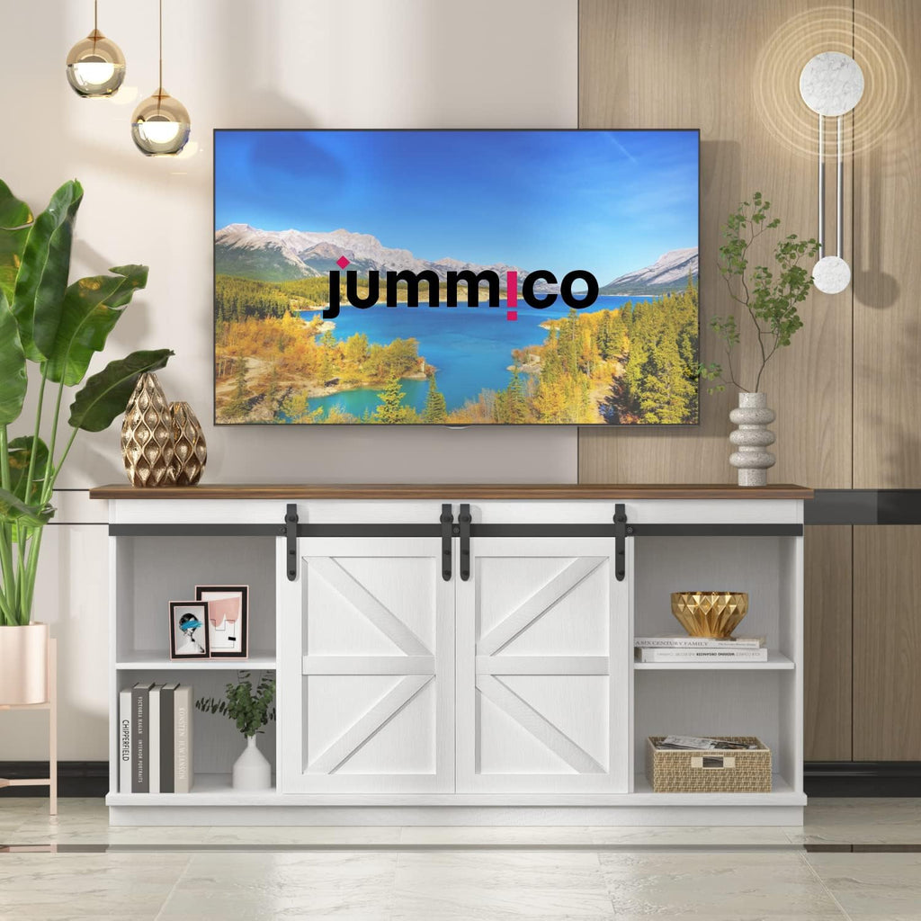 JUMMICO TV Stand for 65 Inch TV, Sliding Barn Doors, Bright White