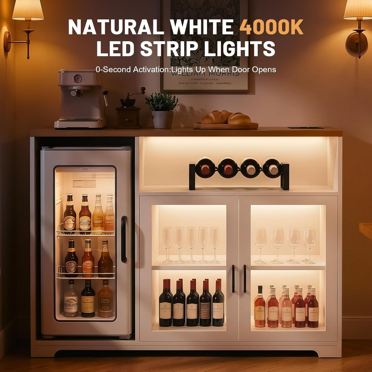 54â Coffee Bar Cabinet with Fridge Space, Smart LED Light, White