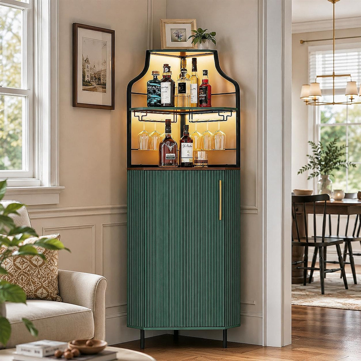 ARTPOWER Corner Bar Cabinet with LED Strip, 4-Tiers Liquor Cabinet, Green