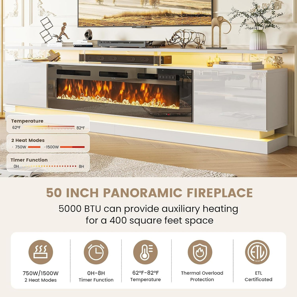 70" Fireplace TV Stand, Modern Entertainment Center
