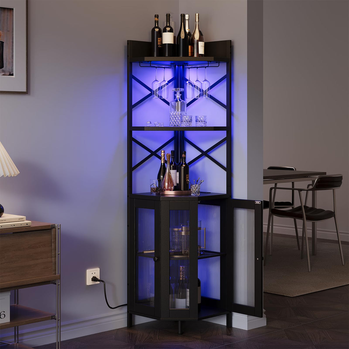 Airynee Corner Bar Cabinet with Power Outlet, 5-Tier Corner Wine Cabinet with Led Strip and Glass Holder, Industrial Tall Liquor Cabinet Bar Wine Rack for Home, Grey Oak