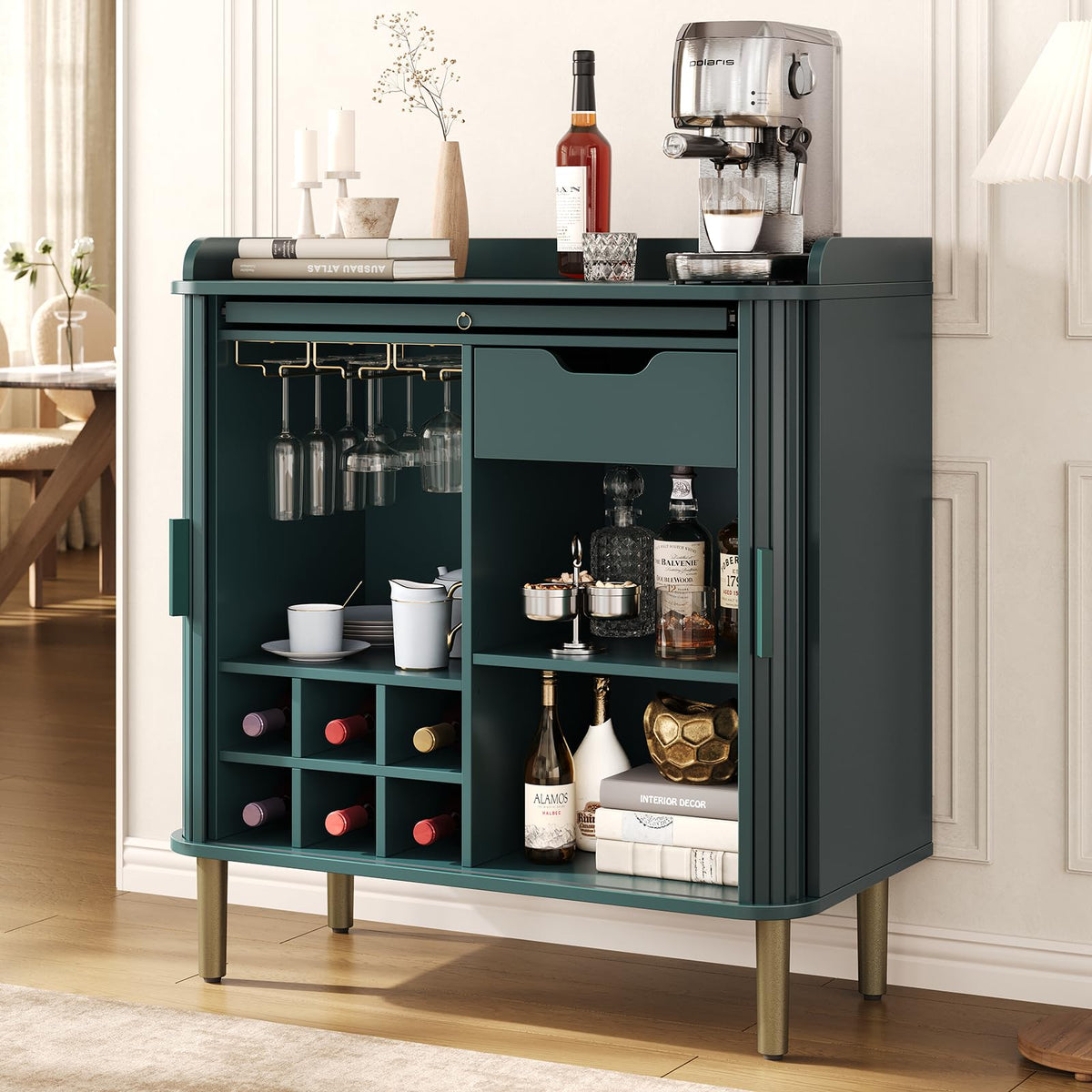ONBRILL Fluted Bar Cabinet with Storgae, Wine Cabinet, 33" H, Black