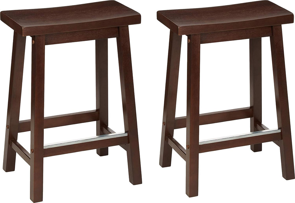 Amazon Basics Solid Wood Saddle-Seat Counter Height Bar Stools for Kitchen Island with Footrest, 24-Inch Height, Walnut, Set of 2