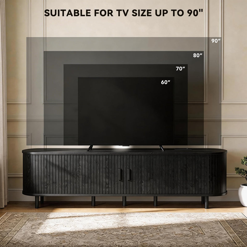 65" Mid Century Modern TV Stand with Power Outlet, Fluted Entertainment Center with Storage and Adjustable Shelves, Wood TV Console with Sliding Doors for Living Room, Walnut