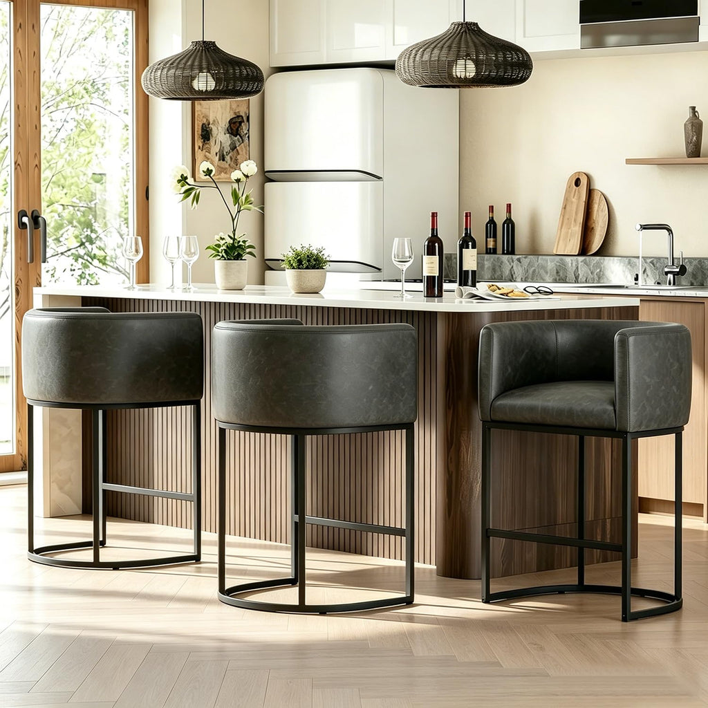 26" H Counter Height Bar Stools Set of 2, Modern Barrel Counter Stools with Backrest and Arms, Linen Fabric Upholstered Accent Barstools for Kitchen Island,Support 450 LBS (Beige)