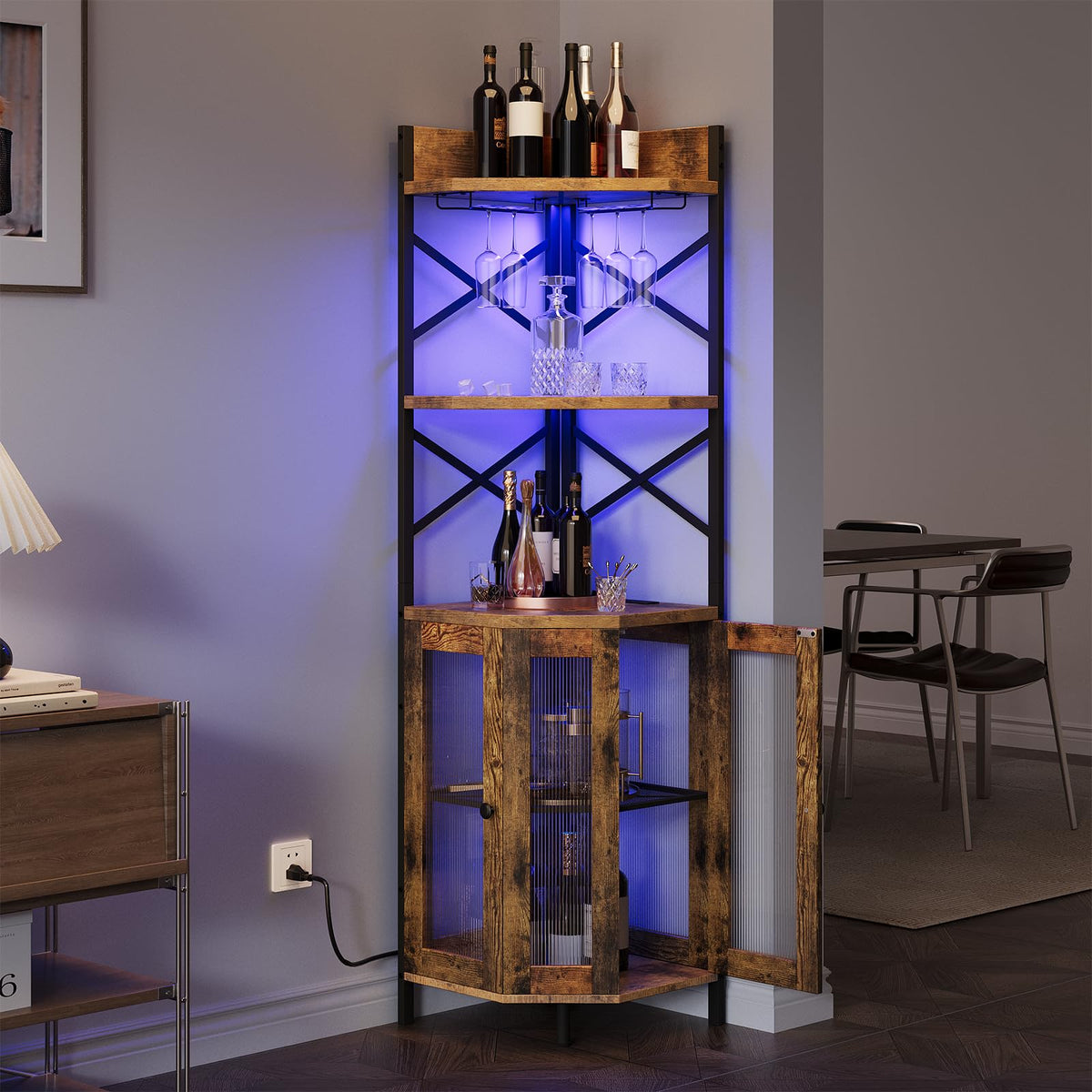 Airynee Corner Bar Cabinet with Power Outlet, 5-Tier Corner Wine Cabinet with Led Strip and Glass Holder, Industrial Tall Liquor Cabinet Bar Wine Rack for Home, Grey Oak