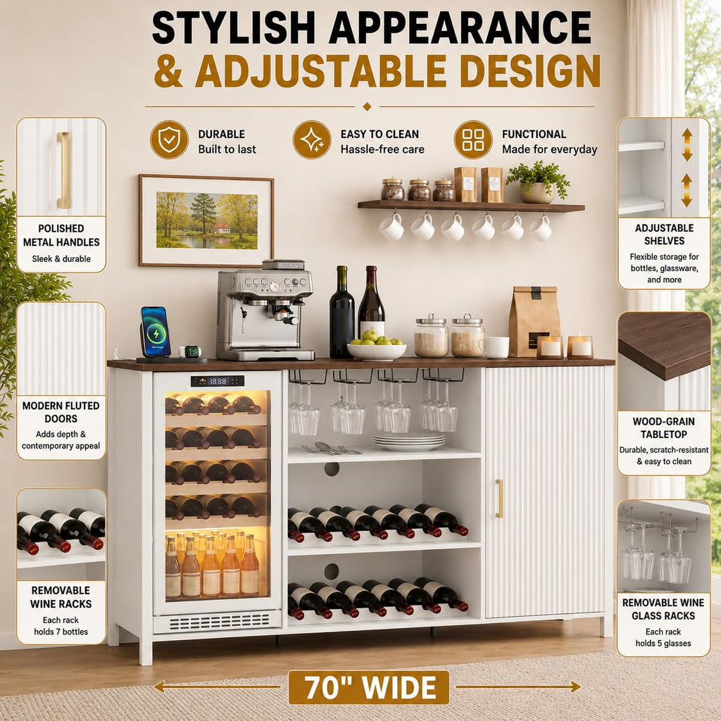 70" Large Coffee Bar Cabinet with Power Outlet, Mini Fridge Cabinet with Adjustable Shelf Wine Rack Glass Holder Liquor Wine Storage, Walnut Fluted Buffet Sideboard Table for Kitchen Dining Room