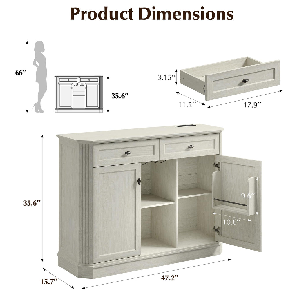 47" Wine Bar Cabinet with LED Light & Power Outlets, 2 Door Coffee Bar Cabinet with 2 Drawers, Sideboard Buffet Cabinet with Storage, Liquor Cabinet for Home Bar, Kitchen Living Room, Walnut Brown