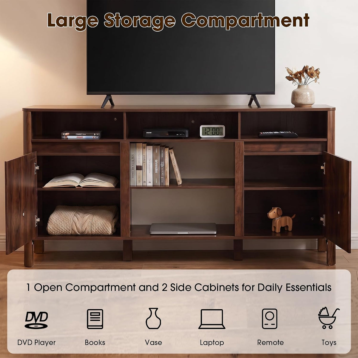 68" Mid Century Modern TV Stands for Living Room, Fulted TV Stand