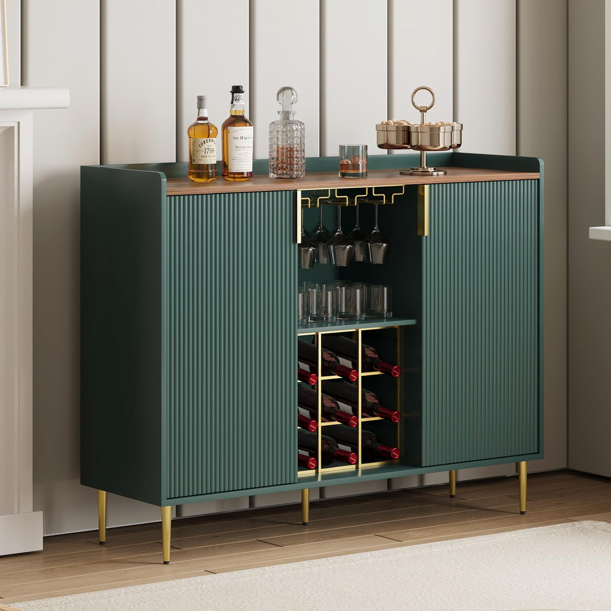 ARTPOWER 48" Wine Bar Cabinet with Fluted Texture, Buffet Sideboard, Black