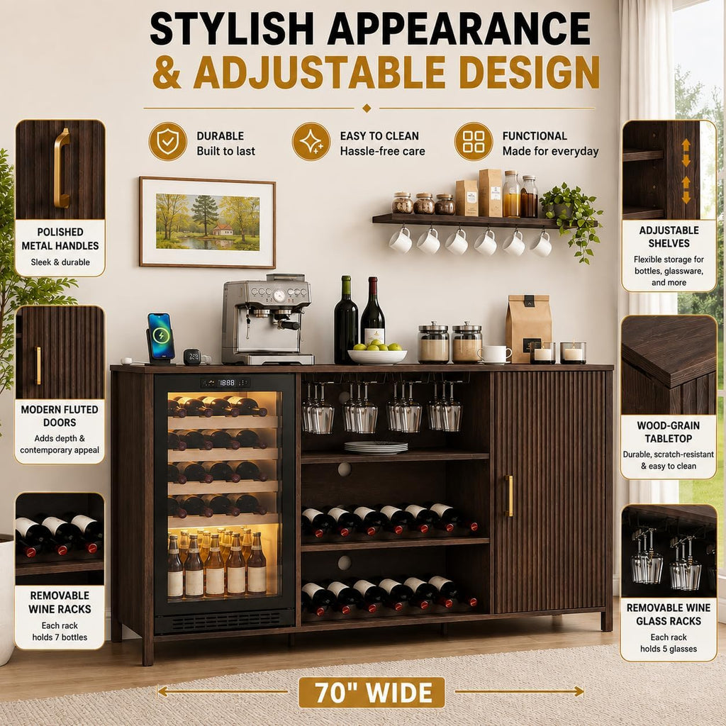 70" Large Coffee Bar Cabinet with Power Outlet, Mini Fridge Cabinet with Adjustable Shelf Wine Rack Glass Holder Liquor Wine Storage, Walnut Fluted Buffet Sideboard Table for Kitchen Dining Room