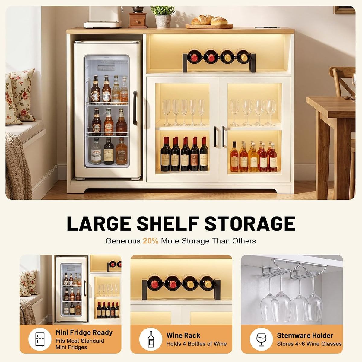 54â Coffee Bar Cabinet with Fridge Space, Smart LED Light, White