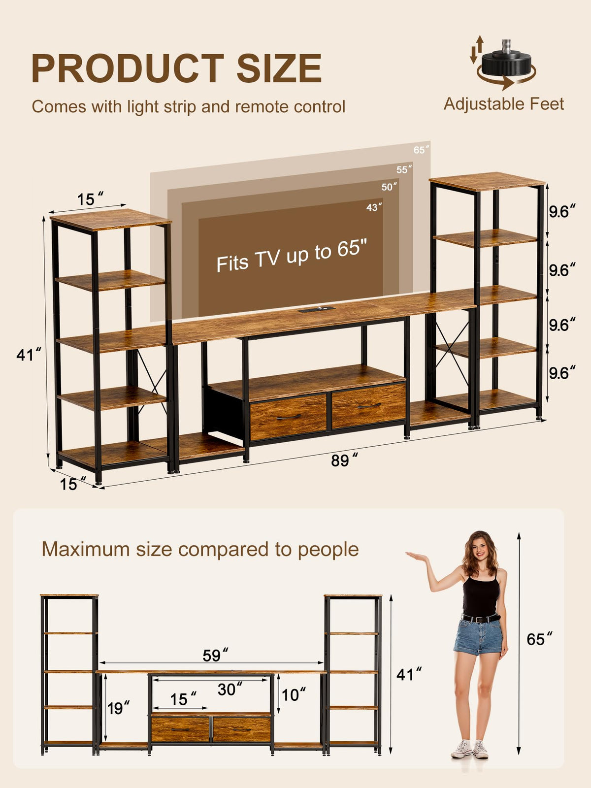 89in TV Stand for 65in TV 5 Tier Bookshelves LED Charging Brown
