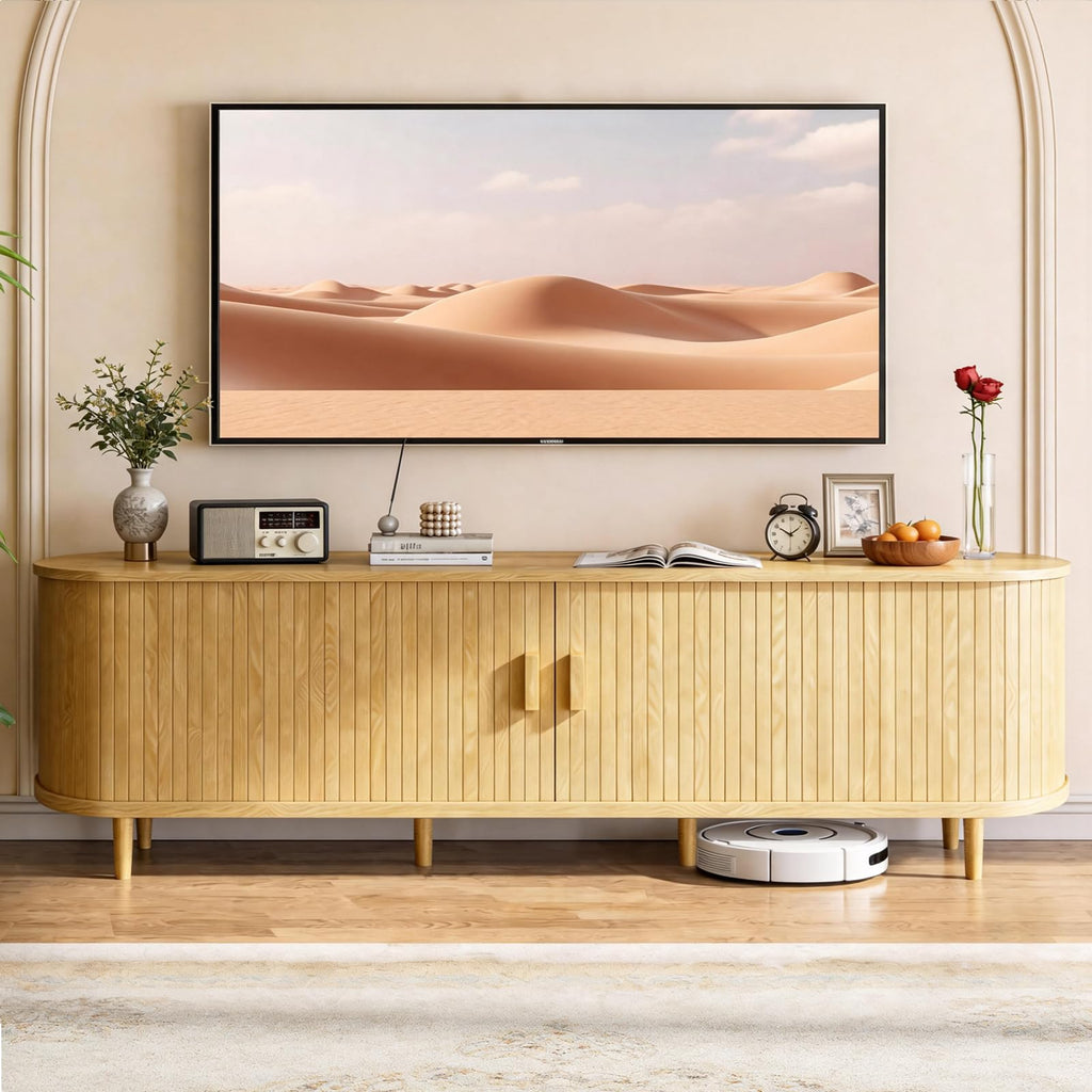 65" Mid Century Modern TV Stand with Power Outlet, Fluted Entertainment Center with Storage and Adjustable Shelves, Wood TV Console with Sliding Doors for Living Room, Walnut