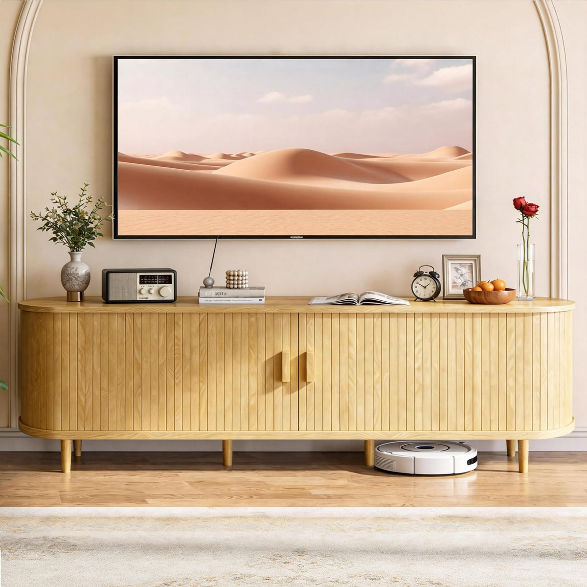 65" Mid Century Modern TV Stand with Power Outlet, Fluted Entertainment Center with Storage and Adjustable Shelves, Wood TV Console with Sliding Doors for Living Room, Walnut