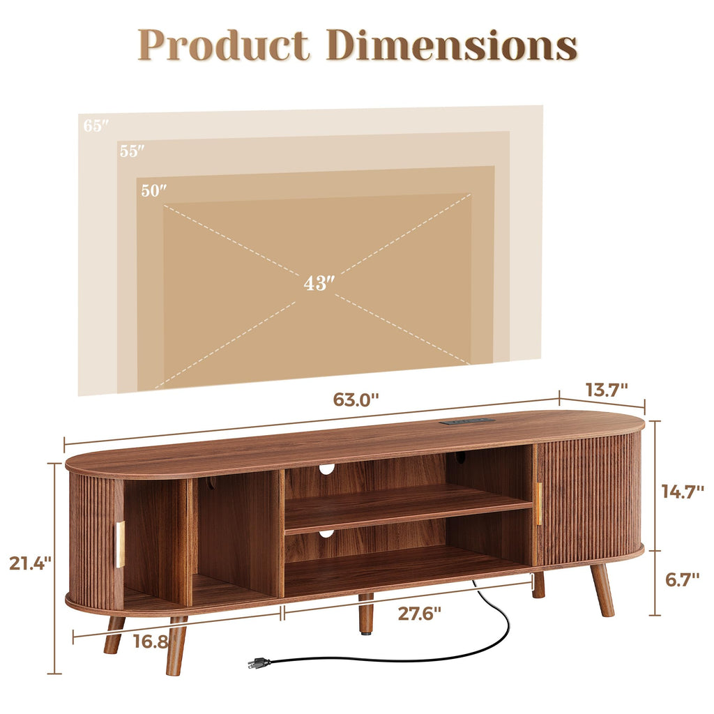 PRAISUN 54 Inch Fluted TV Stand for TVs up to 55 Inch, TV Media Console with Power Outlets and USB-C Port, Entertainment Center with Storage, Curved Sliding Doors, Adjustable Shelf, Brown