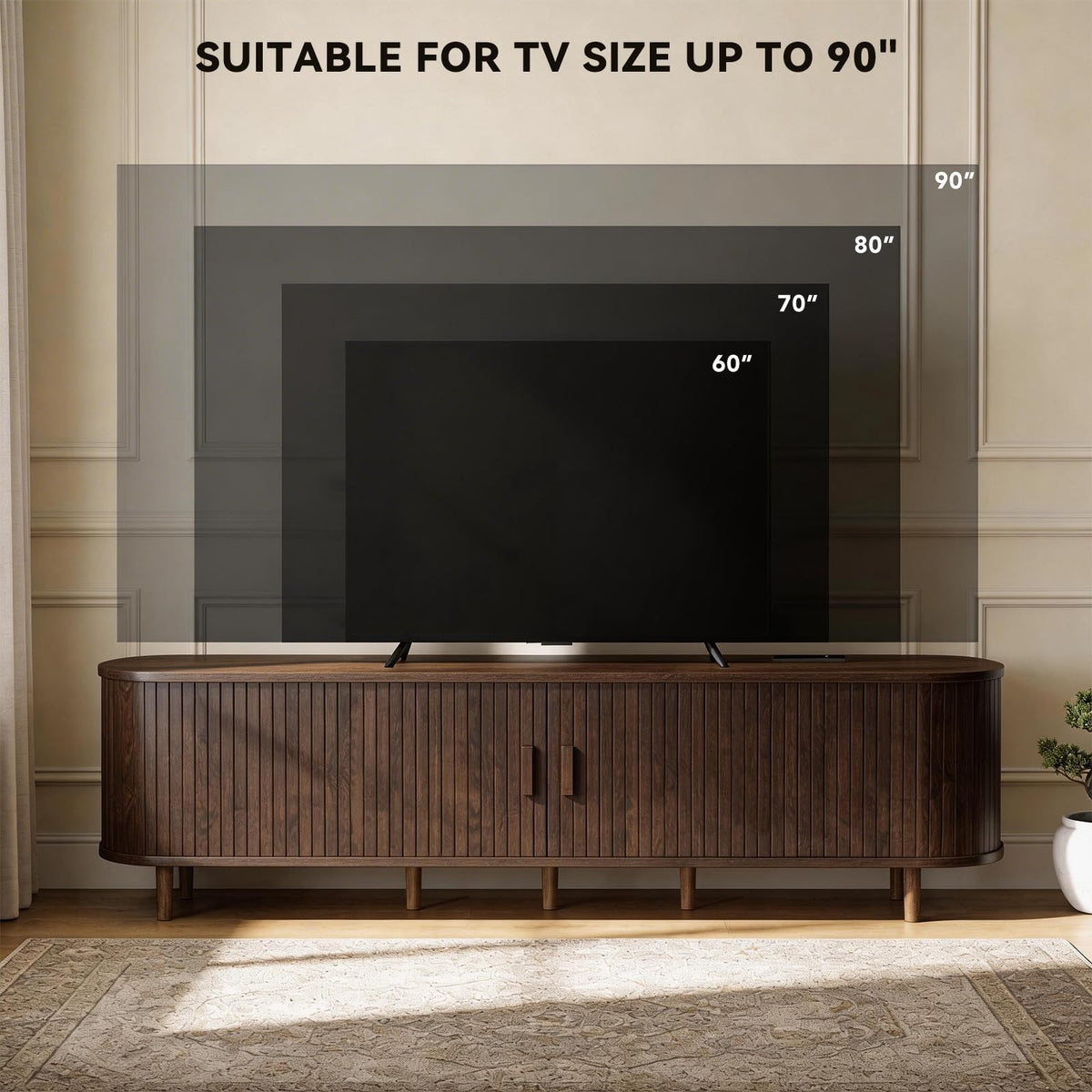 65" Mid Century Modern TV Stand with Power Outlet, Fluted Entertainment Center with Storage and Adjustable Shelves, Wood TV Console with Sliding Doors for Living Room, Walnut