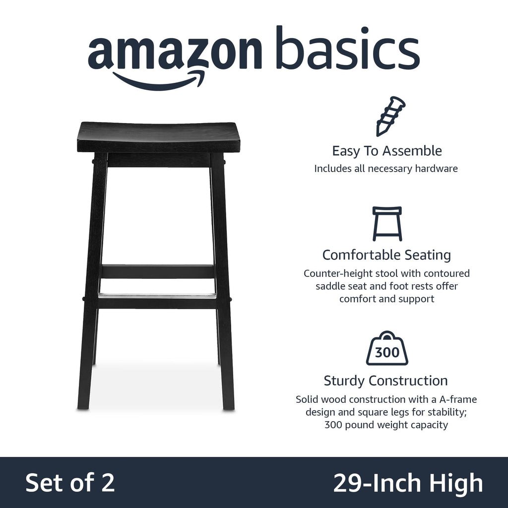 Amazon Basics Solid Wood Saddle-Seat Counter Height Bar Stools for Kitchen Island with Footrest, 24-Inch Height, Walnut, Set of 2