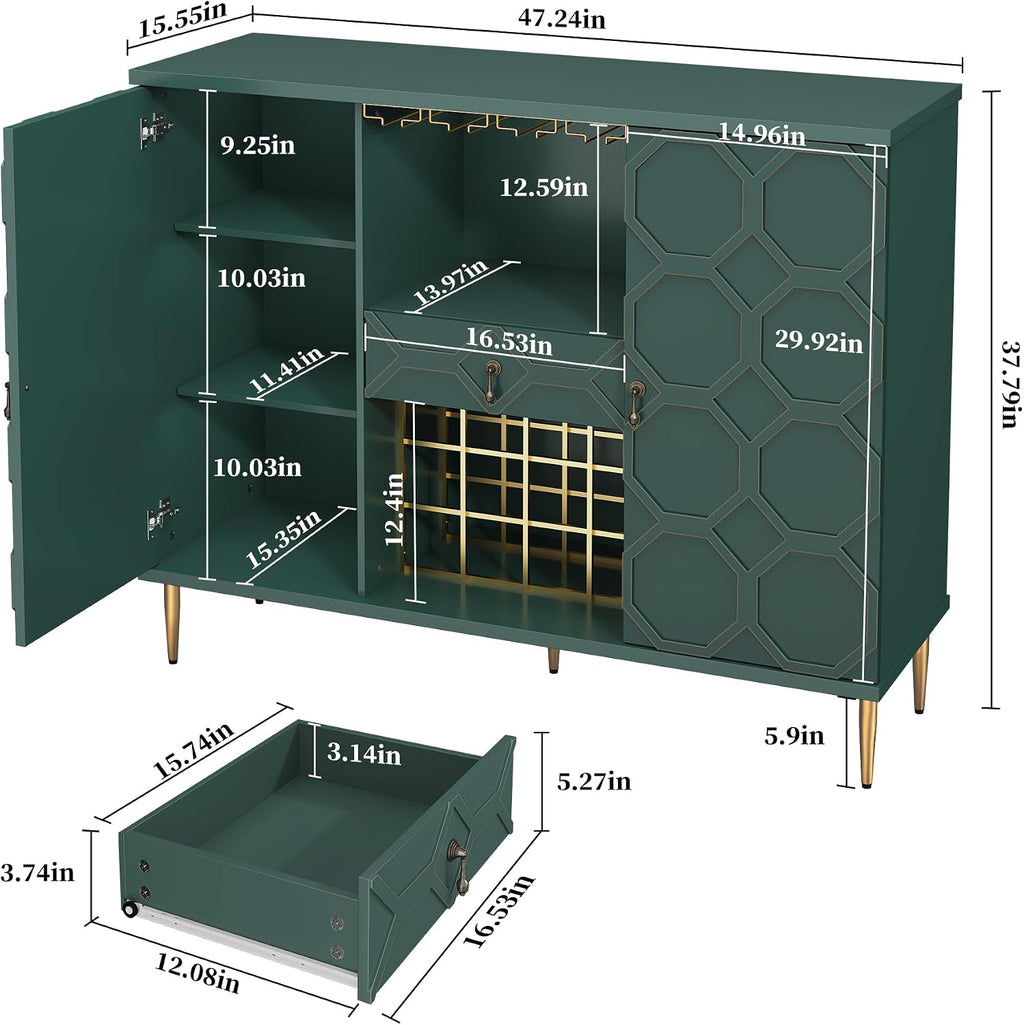 48" Modern Bar Cabinet, Wine Cabinet with Wine Glass Racks and Shelves & Drawer, Geometric Door Buffet Sideboard for Coffee Bar, Liquor, Dining Room, Living Room, Kitchen, Green