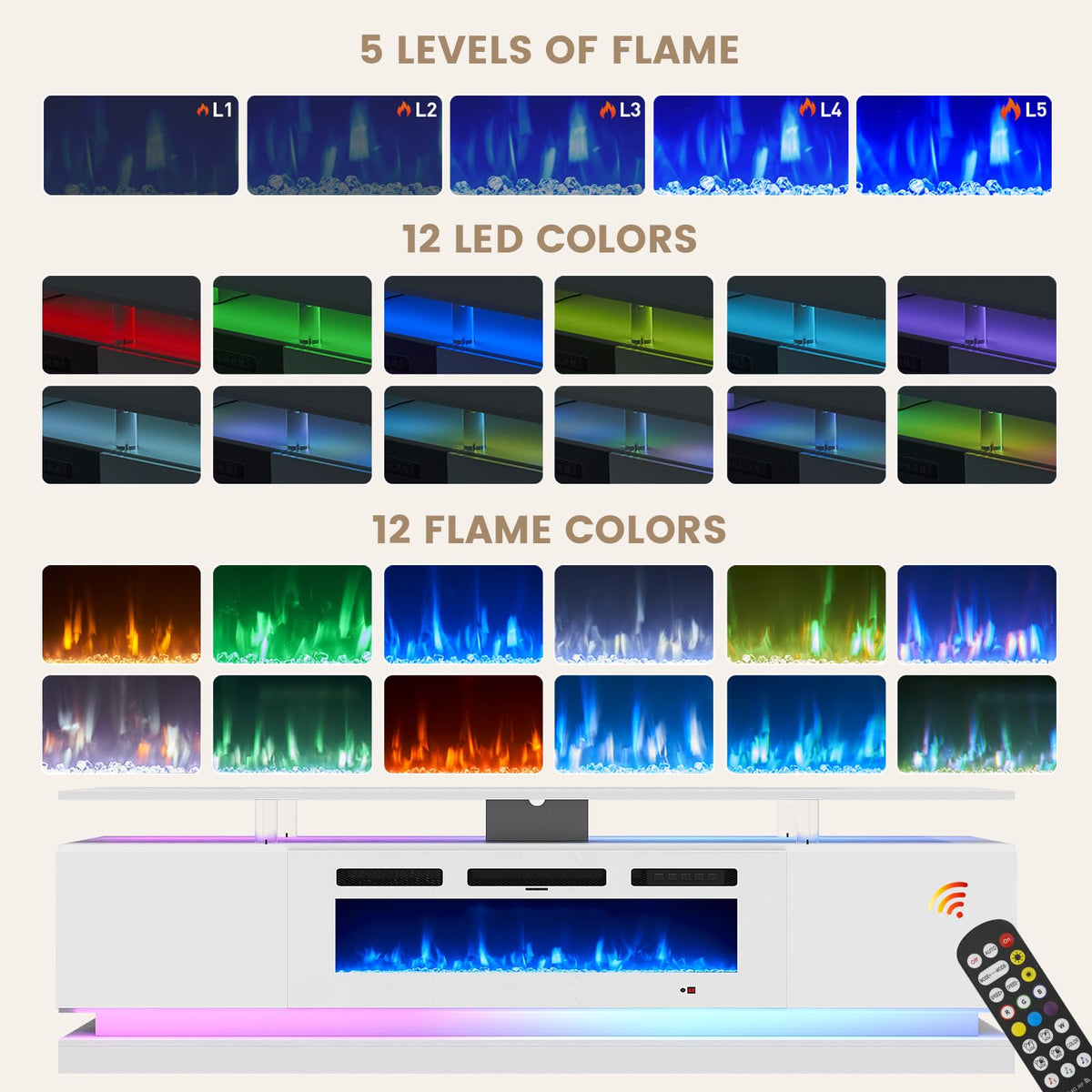 70" Fireplace TV Stand, Modern Entertainment Center