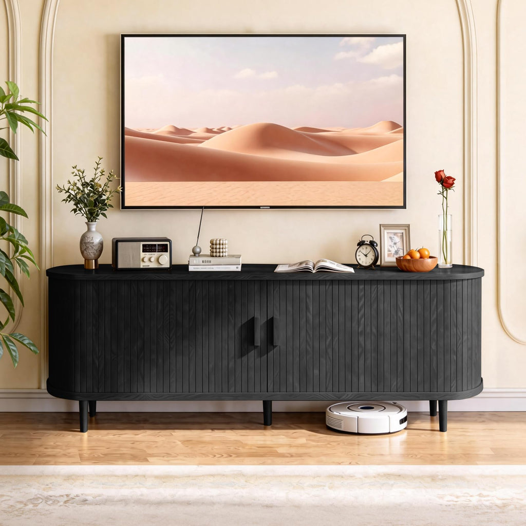 65" Mid Century Modern TV Stand with Power Outlet, Fluted Entertainment Center with Storage and Adjustable Shelves, Wood TV Console with Sliding Doors for Living Room, Walnut