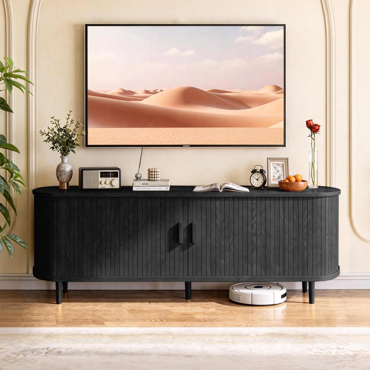 65" Mid Century Modern TV Stand with Power Outlet, Fluted Entertainment Center with Storage and Adjustable Shelves, Wood TV Console with Sliding Doors for Living Room, Walnut