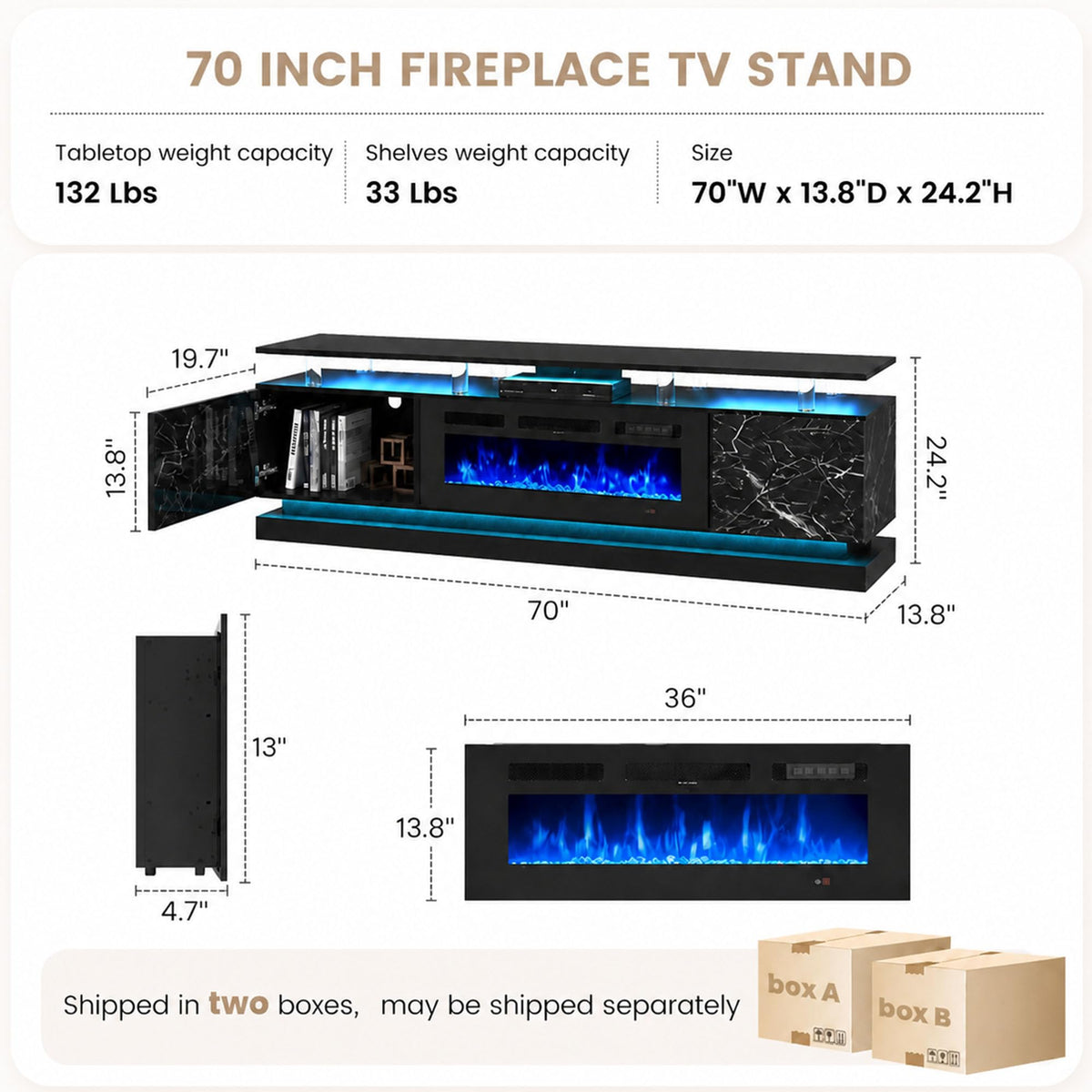 70" Fireplace TV Stand, Modern Entertainment Center