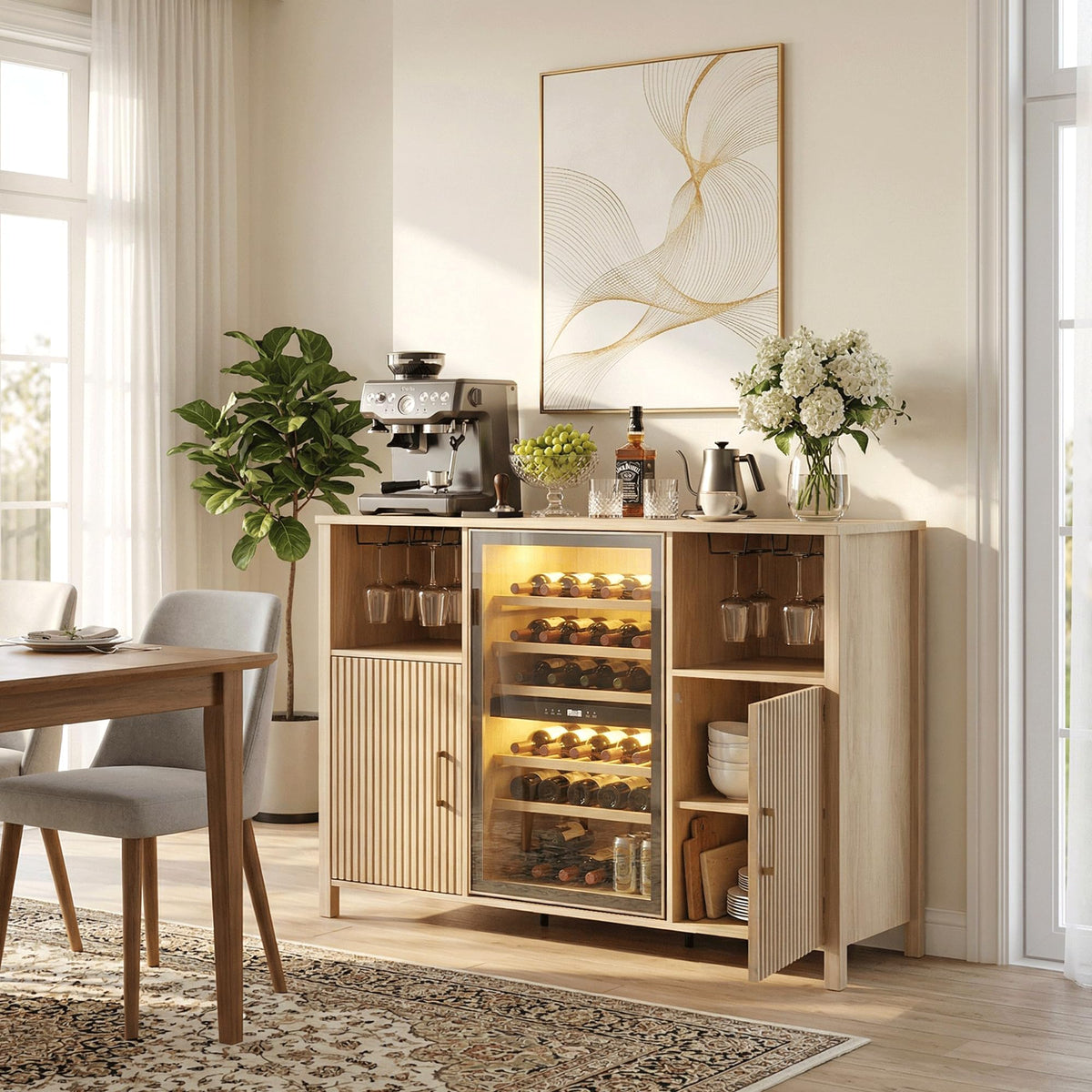 70" Large Coffee Bar Cabinet with Power Outlet, Mini Fridge Cabinet with Adjustable Shelf Wine Rack Glass Holder Liquor Wine Storage, Walnut Fluted Buffet Sideboard Table for Kitchen Dining Room