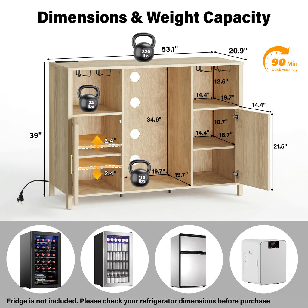 70" Large Coffee Bar Cabinet with Power Outlet, Mini Fridge Cabinet with Adjustable Shelf Wine Rack Glass Holder Liquor Wine Storage, Walnut Fluted Buffet Sideboard Table for Kitchen Dining Room