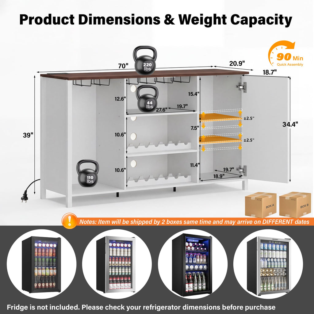 70" Large Coffee Bar Cabinet with Power Outlet, Mini Fridge Cabinet with Adjustable Shelf Wine Rack Glass Holder Liquor Wine Storage, Walnut Fluted Buffet Sideboard Table for Kitchen Dining Room