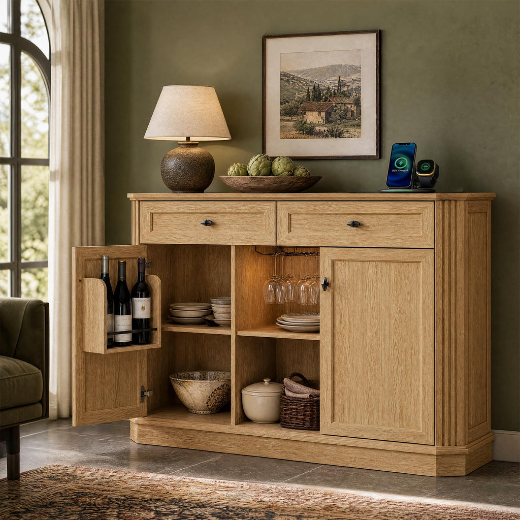 47" Wine Bar Cabinet with LED Light & Power Outlets, 2 Door Coffee Bar Cabinet with 2 Drawers, Sideboard Buffet Cabinet with Storage, Liquor Cabinet for Home Bar, Kitchen Living Room, Walnut Brown