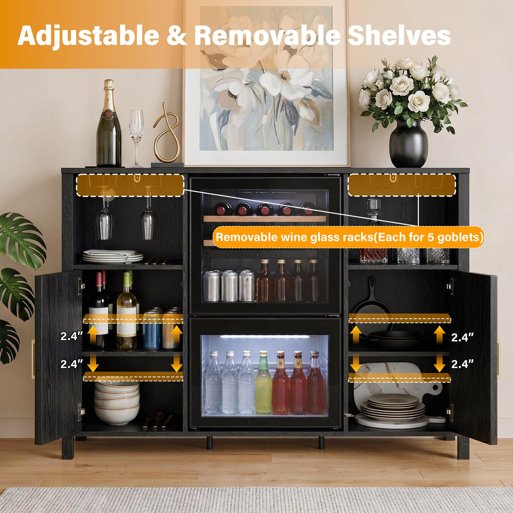 70" Large Coffee Bar Cabinet with Power Outlet, Mini Fridge Cabinet with Adjustable Shelf Wine Rack Glass Holder Liquor Wine Storage, Walnut Fluted Buffet Sideboard Table for Kitchen Dining Room